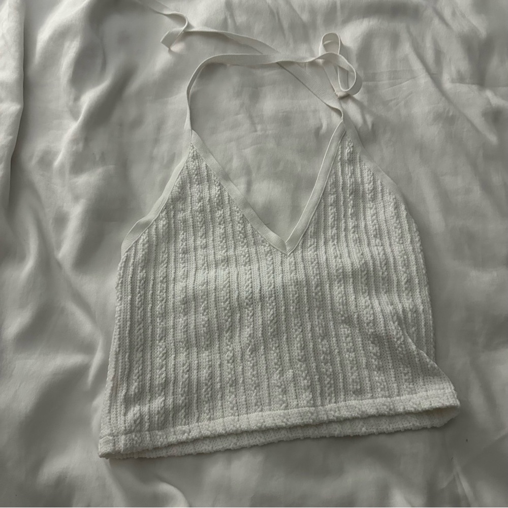 White Ribbed Tie Halter Crop Top